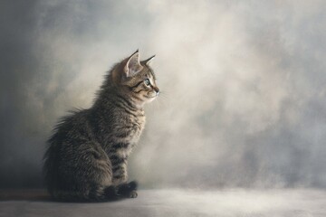 Studio photo of a cute tabby cat isolated against a background of pastel shades, creating a soft and appealing visual. 