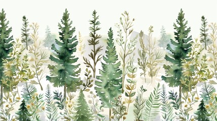 Delicate watercolor forest pattern with pine trees, ferns, and wildflowers in soft greens and browns, ideal for curtains and upholstery