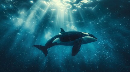 Deep ocean scene with a massive abyss, killer whale gliding through the depths, eerie blue glow