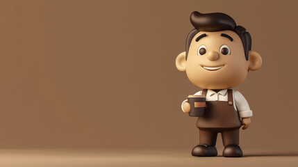 A 3D cartoon barista character with a coffee cup and apron, isolated on a coffee brown background with space for copy.