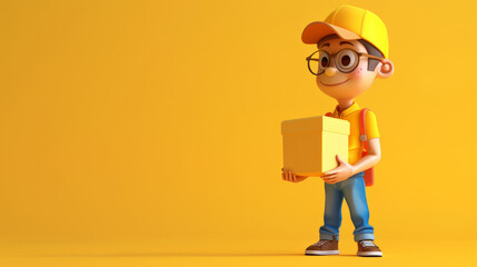 3D cartoon delivery person character with a package and a cap isolated on yellow background with space for copy