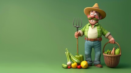 3D cartoon farmer character holding a pitchfork and a basket of produce, isolated on green background with copy space