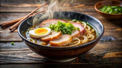 Japanese ramen soup with chicken, egg, chives and sprout on dark wooden background.