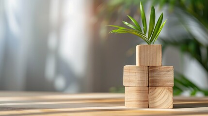 Core values depicted on wooden blocks against a white backdrop with a blurred green plant
