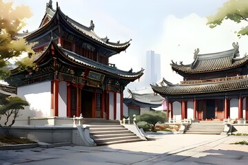 Fototapeta premium Elegance in Simplicity: Exploring Chinese Architectural Artistry on a White Canvas