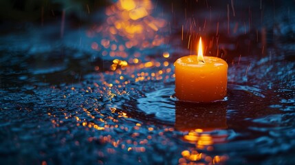 Close-up view of a candle burning on a wet pavement, the water around it shimmering in the candlelight