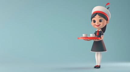 3D cartoon flight attendant character with a serving tray and uniform, isolated on blue background with space for copy