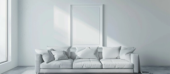 A minimalist living room with a soft dove grey sofa and a clean white frame on the wall, radiating simplicity.