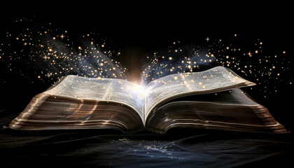 Open Bible with light emanating from it, Concept of spiritual enlightenment by AI generated image