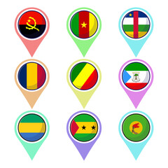 Central african countries flags. Flat vector map element design, travel symbols, landmark symbols, geography and map flags emblem.