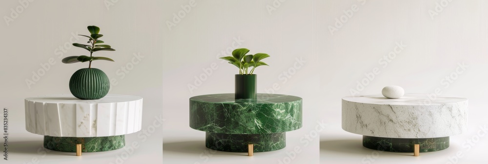 Poster cutouts of classic marble and modern side coffee tables isolated on transparent backgrounds
