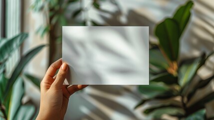 Close-up of a hand holding a blank card against a leafy, sunlit background, ideal for customizable messages or designs.