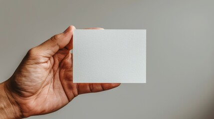 Obraz premium Close-up of a hand holding a blank square card against a neutral background, ideal for customizable messages or designs. 