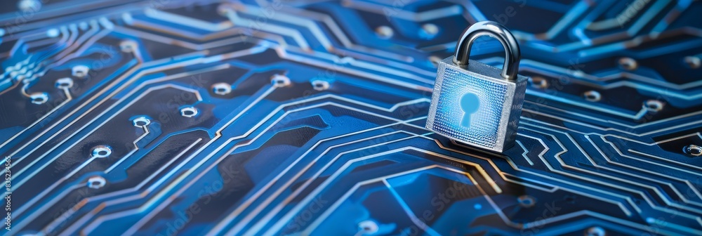 Fototapete Creating a wide banner design for a secure connection or cybersecurity service concept - closeup of the motherboard of a compute system with a lock in place and a login and connecting verification of