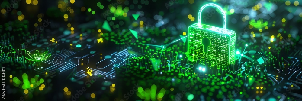 Poster Computer motherboard closeup and lock with login and verification credentials as wide banner design with copyspace area - Generative AI