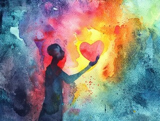 Fototapeta premium Colorful watercolor painting of person holding heart in front of vibrant background, symbolizing love and emotion
