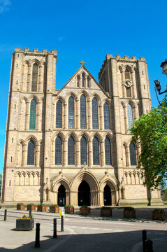 The west front of the cathedral Church of St Peter and St Wilfrid, commonly known as Ripon Cathedral, in Ripon, North Yorkshire, England. Gothic architecture. 