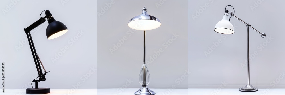 Poster various styles of retro vantage and modern bedside table lamps, precise isolated in transparent png 