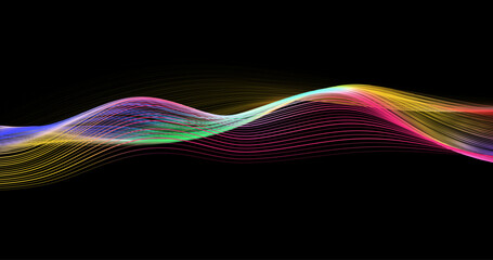 Abstract winding lines of different colors on a black background. Vector illustration in concept technology, science, music, modernity.