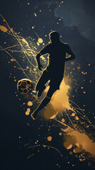 Naklejka premium Golden silhouette of soccer player in action with ball on dark abstract background, artistic illustration