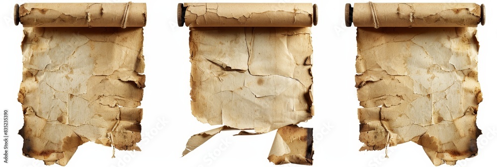 Poster mockup of an empty blank page or scroll with a transparent png background cutout of old rugged torn 