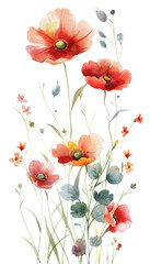 Fototapeta premium Beautiful watercolor painting of red and pink flowers with green stems and leaves, perfect for home decor or greeting cards.