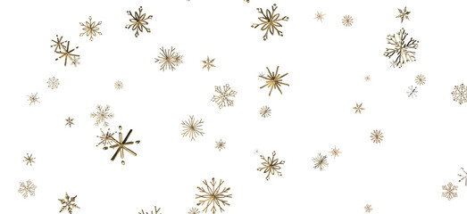 Snowflakes - new year pattern. Christmas theme, golden openwork shiny snowflakes, star, 3D rendering.