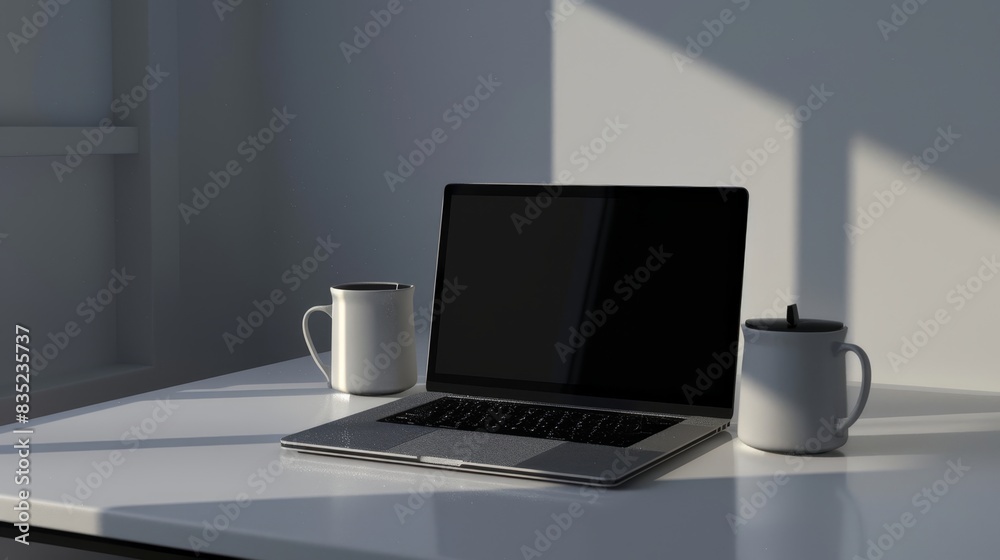 Poster an elegant laptop on a white podium with a dark screen is displayed in a minimalist setting, perfect