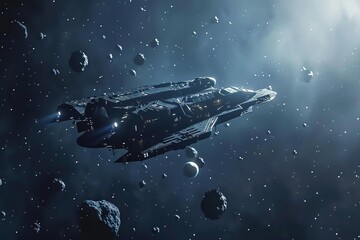 Obraz premium Produce side view of spacecraft in deep space, inspired by pixel animation, with camera angle peeking from asteroid cluster