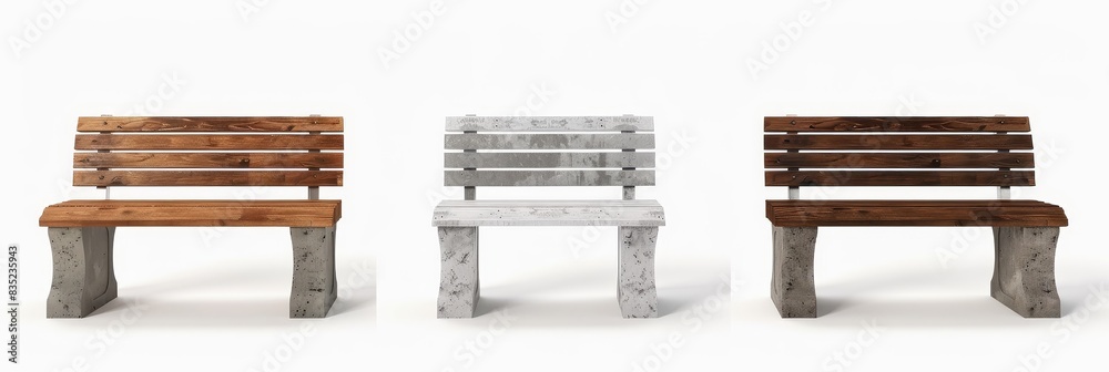 Poster an isolated set of 3 different park or outdoor waiting benches with transparent backgrounds - genera