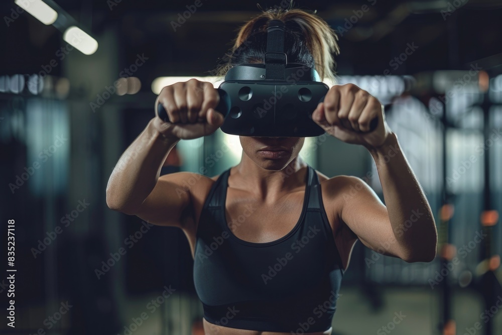 Poster a person wearing a virtual reality headset and using a controller, great for technology, gaming, and