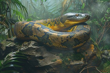 A large snake sitting on top of a rock in a natural environment, suitable for use as a background or element in outdoor or wildlife-themed designs