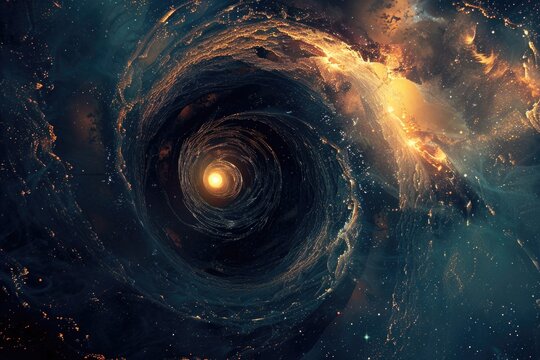 A black hole in the vastness of space, surrounded by stars and galaxies