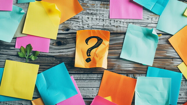 Colorful sticky notes and a question mark on a wooden background, concept of inquiry and organization. Generative AI