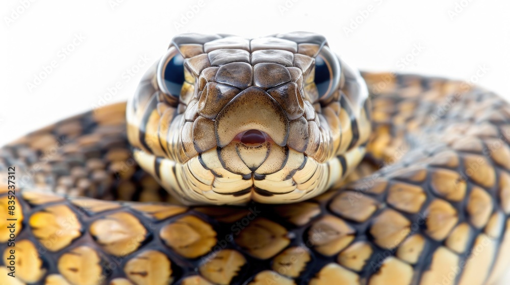 Poster a close up view of a snake's head on a white background, perfect for use in nature or animal-related