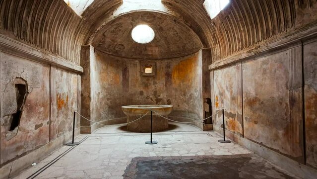 The Caldarium (hot plunge bath) of the Forum Baths (Terme del Foro), Pompeii, Naples, Campania, Italy, an ancient Roman city buried by Mount Vesuvius in 79 AD