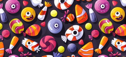 Fototapeta premium Halloween candy, eyes and mouth on the cover, simple flat cartoon style, colorful candy pattern 