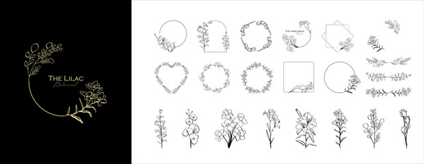 Hand drawn decorative vintage flower logo. Vector illustration in trendy line linear art style. Branding. Floral Boutique, Fashion, Feminine, Art, Spiritual