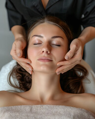 Naklejka premium Young woman enjoying massage in spa salon. 