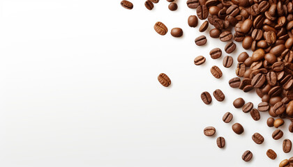 Coffee beans on a white background are scattered along the edge