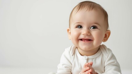 Cheerful Baby Sitting on White Background with Copyspace for Text