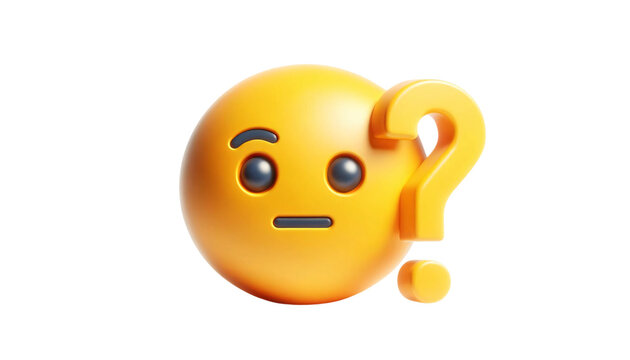 Naklejki A 3D-rendered yellow emoji with a confused expression and a question mark next to it on a transparent background