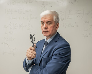 Mature man stands at a white board with written formulas. 