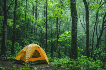 Camping Scene in Dense Forest with Text Space