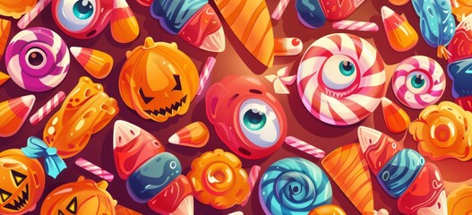 Fototapeta premium Halloween candy, eyes and mouth on the cover, simple flat cartoon style, colorful candy pattern 