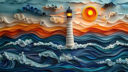 Paper Quilling, Amidst a storm, a heartening beacon of light guides sailors to safety, its moderation a testament to hope., Minimalism
