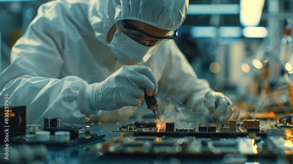 Poster A person in a lab coat tinkering with a circuit board, perfect for technology and innovation related content