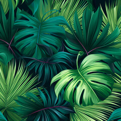 Background with plant leaves with palm or monstera branches. Ai art
