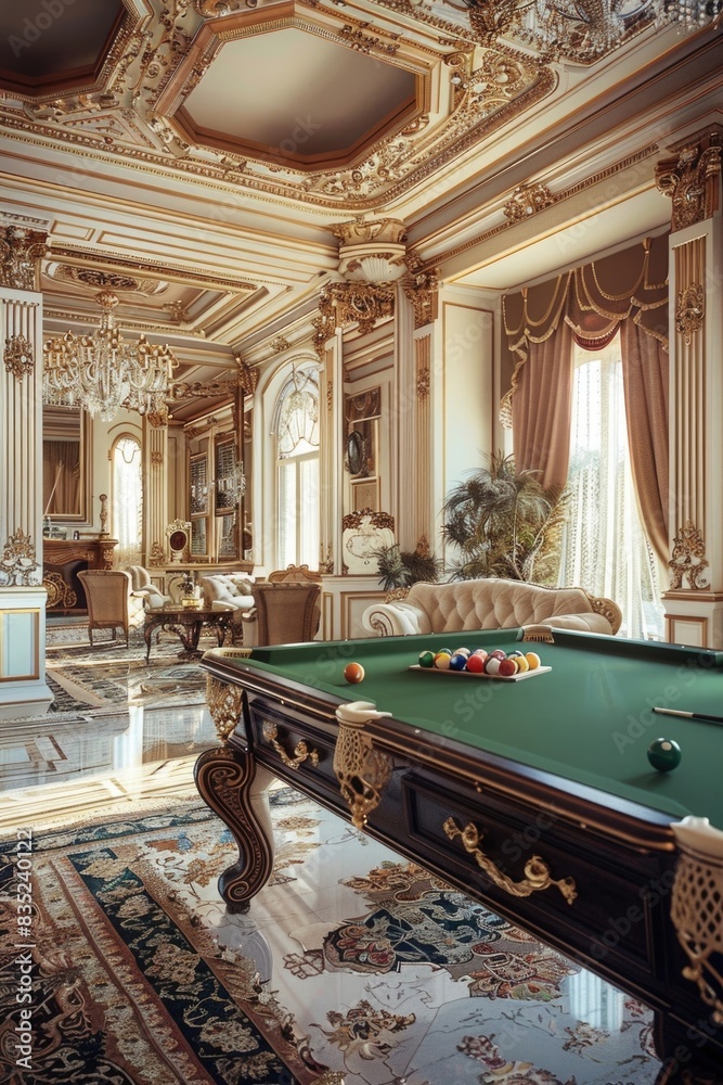 Poster A pool table in a room filled with various pieces of furniture, suitable for use in a home or office