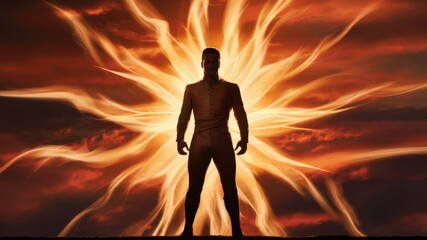 Obraz premium A striking silhouette of a man's shadow cast on the ground under a bright light, creating a dramatic and captivating image. The sharp contrast between light and dark enhances the impact of the shadow